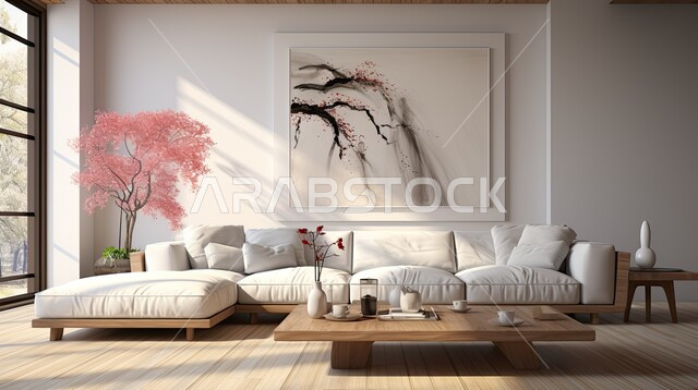 التصاميم الداخلية لغرف الجلوس على الطراز الحديث، ديكور داخلي راقي للفلل والشقق السكنية في المملكة العربية السعودية، اكسسوارات وتحف عصرية، الاهتمام بنباتات الزينة، غرفة معيشة مع أثاث منزلي فاخر