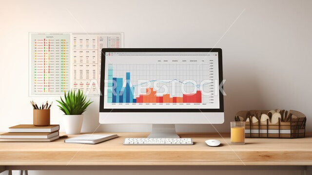 جهاز الحاسوب على طاولة العمل ,مكاتب العمل المجهزة بالأجهزه التقنيه الحديثه , شاشة حاسوب برسوم بيانية، تطور التقنيه والتكنولوجيا,  بيئة عمل مكتبيه