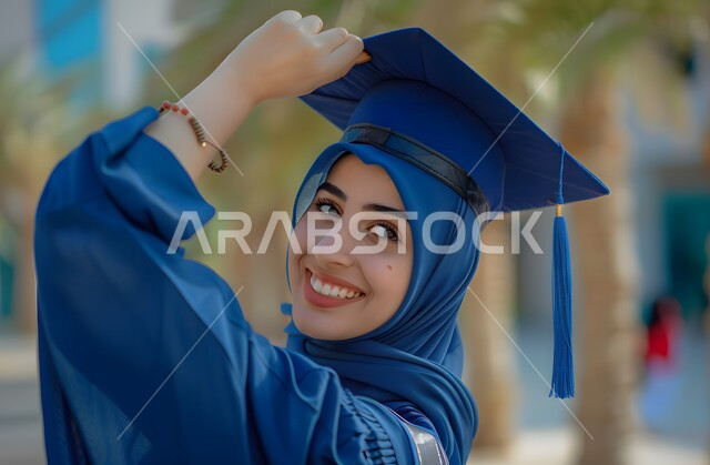 تعابير الفرح والسعادة، الاحتفال بإنهاء الدراسة الجامعية، صورة مقربة لطالبة عربية سعودية خليجية ترتدي العباءه وقبعة التخرج ترفع يديها للاعلى بعلامة النجاح تنظر إلى الكاميرا بإيماءات الرضا والسرور, مفهوم الاجتهاد والتفوق