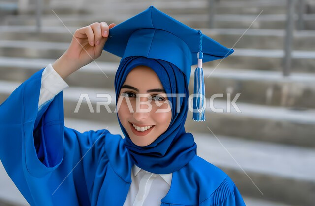 تعابير الفرح والسعادة، الاحتفال بإنهاء الدراسة الجامعية، صورة مقربة لطالبة عربية سعودية خليجية ترتدي العباءه وقبعة التخرج ترفع يديها للاعلى بعلامة النجاح تنظر إلى الكاميرا بإيماءات الرضا والسرور, مفهوم الاجتهاد والتفوق