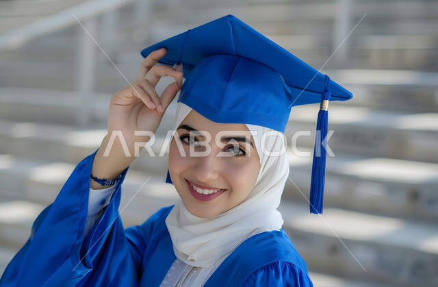 تعابير الفرح والسعادة، الاحتفال بإنهاء الدراسة الجامعية، صورة مقربة لطالبة عربية سعودية خليجية ترتدي العباءه وقبعة التخرج ترفع يديها للاعلى بعلامة النجاح تنظر إلى الكاميرا بإيماءات الرضا والسرور, مفهوم الاجتهاد والتفوق