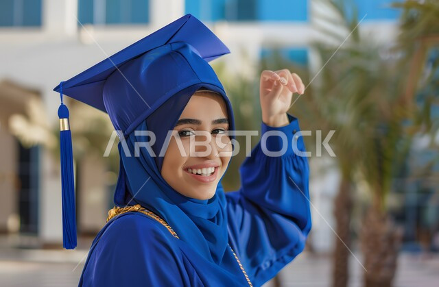 تعابير الفرح والسعادة، الاحتفال بإنهاء الدراسة الجامعية، صورة مقربة لطالبة عربية سعودية خليجية ترتدي العباءه وقبعة التخرج ترفع يديها للاعلى بعلامة النجاح تنظر إلى الكاميرا بإيماءات الرضا والسرور, مفهوم الاجتهاد والتفوق