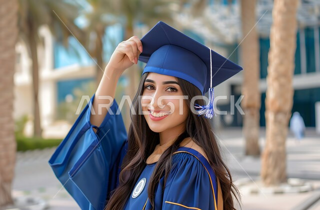 تعابير الفرح والسعادة، الاحتفال بإنهاء الدراسة الجامعية، صورة مقربة لطالبة عربية سعودية خليجية ترتدي العباءه وقبعة التخرج ترفع يديها للاعلى بعلامة النجاح تنظر إلى الكاميرا بإيماءات الرضا والسرور, مفهوم الاجتهاد والتفوق