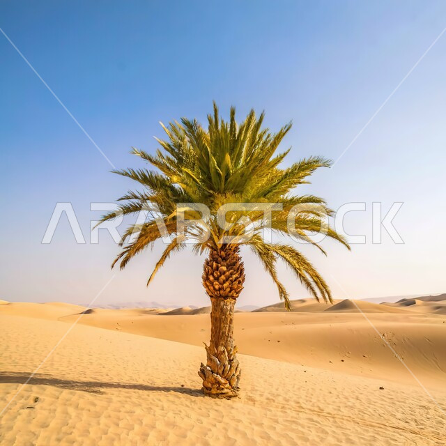 السماء الصافية في وضح النهار في المملكة العربية السعودية, صورة ثلاثية الابعاد للنباتات الشوكية وواحة أشجار النخيل الخضراء وسط البيئة الرملية الذهبيه الناعمة في المناطق الصحراوية، البيئة الجافة في الصحراء والمناطق البرية 