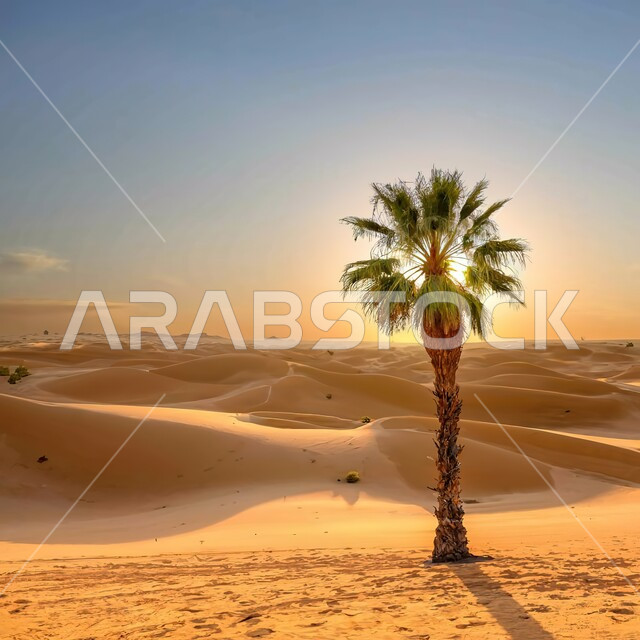 السماء الصافية في وضح النهار في المملكة العربية السعودية, صورة ثلاثية الابعاد للنباتات الشوكية وواحة أشجار النخيل الخضراء وسط البيئة الرملية الذهبيه الناعمة في المناطق الصحراوية، البيئة الجافة في الصحراء والمناطق البرية 