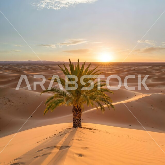 السماء الصافية في وضح النهار في المملكة العربية السعودية, صورة ثلاثية الابعاد للنباتات الشوكية وواحة أشجار النخيل الخضراء وسط البيئة الرملية الذهبيه الناعمة في المناطق الصحراوية، البيئة الجافة في الصحراء والمناطق البرية 