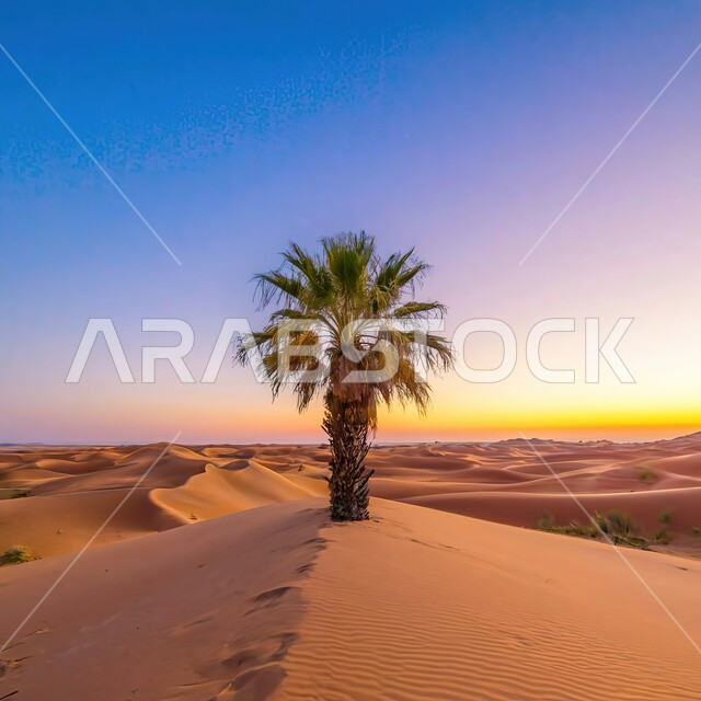 السماء الصافية في وضح النهار في المملكة العربية السعودية, صورة ثلاثية الابعاد للنباتات الشوكية وواحة أشجار النخيل الخضراء وسط البيئة الرملية الذهبيه الناعمة في المناطق الصحراوية، البيئة الجافة في الصحراء والمناطق البرية 