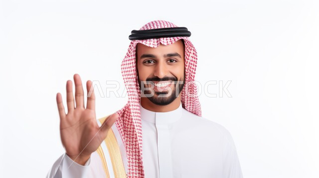  إلقاء التحية والسلام، مفهوم الأناقة والاهتمام بالمظهر الخارجي, بورتريه مقرب لشاب عربي خليجي سعودي وسيم يرتدي الثوب التقليدي والشماغ يرفع كفه للأعلى, إيماءات يدين تدل على الأمر بالتوقف عن فعل شيء ما و النهي عنه, خلفية بيضاء