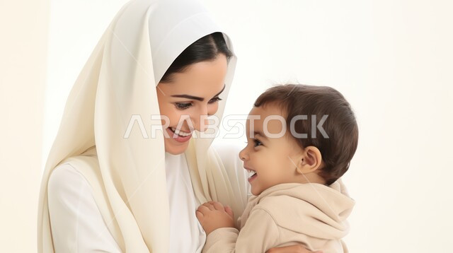 تعزيز رابط الأمومة بين الأم وصغيرها، إيماءات السعادة والسرور، مفهوم حنان الأمهات و تحمل المسؤولية والعناية بالأطفال، بورتريه مقرب لسيدة عربية خليجية سعودية محجبة تحمل طفلها الرضيع وتنظر إليه بحب، الشعور بالأمان والاطمئنان، خلفية بيضاء