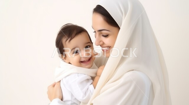 تعزيز رابط الأمومة بين الأم وصغيرها، إيماءات السعادة والسرور، مفهوم حنان الأمهات و تحمل المسؤولية والعناية بالأطفال، بورتريه مقرب لسيدة عربية خليجية سعودية محجبة تحمل طفلها الرضيع وتنظر إليه بحب، الشعور بالأمان والاطمئنان، خلفية بيضاء