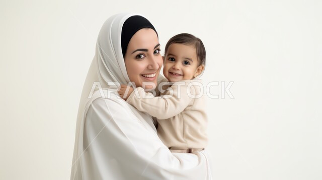 تعزيز رابط الأمومة بين الأم وصغيرها، إيماءات السعادة والسرور، مفهوم حنان الأمهات و تحمل المسؤولية والعناية بالأطفال، بورتريه مقرب لسيدة عربية خليجية سعودية محجبة تحمل طفلها الرضيع وتنظر إليه بحب، الشعور بالأمان والاطمئنان، خلفية بيضاء