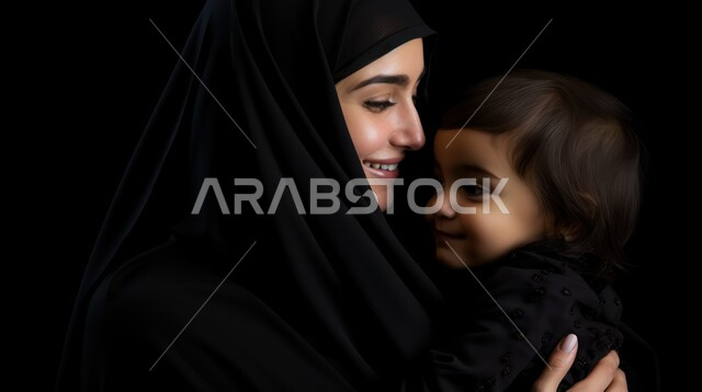 الشعور بالأمان والاطمئنان، تعزيز رابط الأمومة بين الأم وصغيرها، إيماءات السعادة والسرور، مفهوم حنان الأمهات و تحمل المسؤولية والعناية بالأطفال، بورتريه مقرب لسيدة عربية خليجية سعودية محجبة تحمل طفلها الرضيع وتنظر إليه بحب، خلفية سوداء