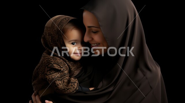 الشعور بالأمان والاطمئنان، تعزيز رابط الأمومة بين الأم وصغيرها، إيماءات السعادة والسرور، مفهوم حنان الأمهات و تحمل المسؤولية والعناية بالأطفال، بورتريه مقرب لسيدة عربية خليجية سعودية محجبة تحمل طفلها الرضيع وتنظر إليه بحب، خلفية سوداء