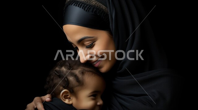 الشعور بالأمان والاطمئنان، تعزيز رابط الأمومة بين الأم وصغيرها، إيماءات السعادة والسرور، مفهوم حنان الأمهات و تحمل المسؤولية والعناية بالأطفال، بورتريه مقرب لسيدة عربية خليجية سعودية محجبة تحمل طفلها الرضيع وتنظر إليه بحب، خلفية سوداء