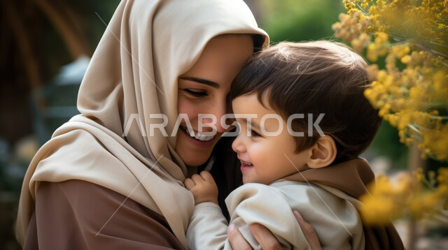 النزهات العائلية وتعزيز رابط الأمومة بين الأم وصغيرها، إيماءات السعادة والسرور، مفهوم حنان الأمهات و تحمل المسؤولية والعناية بالأطفال، صورة مقربة لسيدة عربية خليجية سعودية محجبة تحتضن طفلها الصغير بيديها وتنظر إليه بحب، خلفية الطبيعة