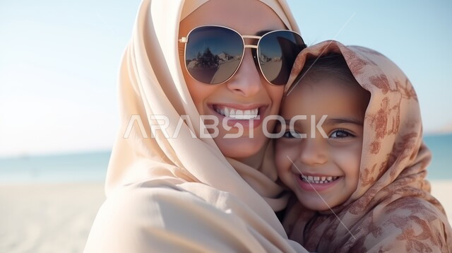 النظر للكاميرا بإيماءات السعادة والسرور، النزهات العائلية وتعزيز رابط الأمومة بين الأم وصغيرتها، مفهوم حنان الأمهات و تحمل المسؤولية والعناية بالأطفال، صورة مقربة لسيدة عربية خليجية سعودية محجبة تحتضن طفلتها الصغيرة بيديها وتنظر إليه بحب، خلفية الطبيعة