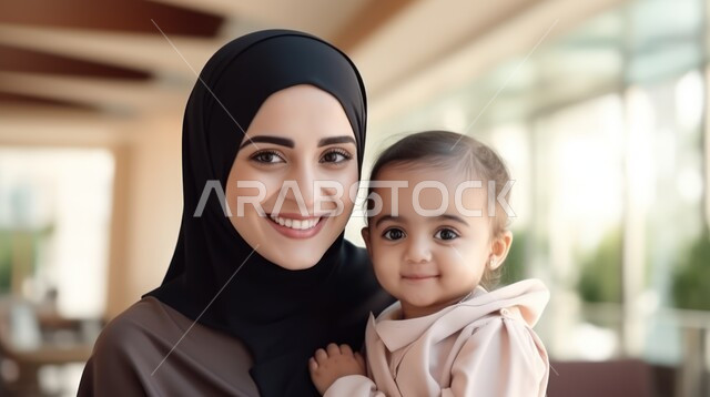 النظر للكاميرا بإيماءات السعادة والسرور، النزهات العائلية وتعزيز رابط الأمومة بين الأم وصغيرتها، مفهوم حنان الأمهات و تحمل المسؤولية والعناية بالأطفال، صورة مقربة لسيدة عربية خليجية سعودية محجبة تحتضن طفلتها الصغيرة بيديها وتنظر إليه بحب، خلفية الطبيعة