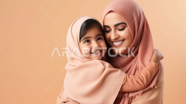  تحمل المسؤولية والعناية بالأطفال, بورتريه لطفلة عربية خليجية سعودية  تحتضن والدتها بإيماءات السعادة والسرور, تعزيز رابط الأمومة بين الأم وصغيرتها، مفهوم حنان الأمهات, خلفية ملونة