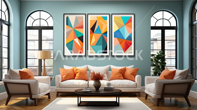 نوافذ وواجهات زجاجية، لوحات فنية بأسلوب التصميم التجريدي معلقة على الجدران، الديكورات الداخلية الراقية للفلل والشقق السكنية في المملكة العربية السعودية، التصاميم الداخلية لغرف الجلوس على الطراز الحديث، اكسسوارات وتحف عصرية، غرفة معيشة مع أثاث منزلي فاخر