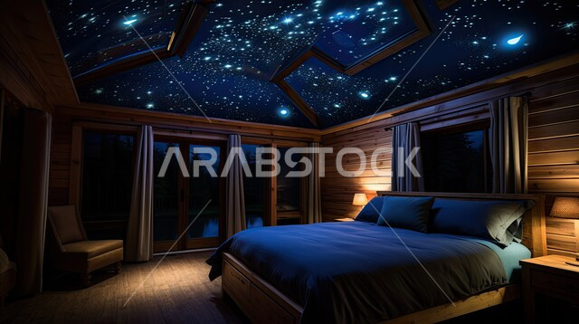 غرفة نوم ذات طابع فضائي، مراقبة النجوم والكواكب الفلكية، أماكن للاسترخاء الابتعاد عن ضغط العمل، شقق سكنية بأثاث راقي، التصاميم العصرية والديكورات الداخلية للأكواخ الخشبية