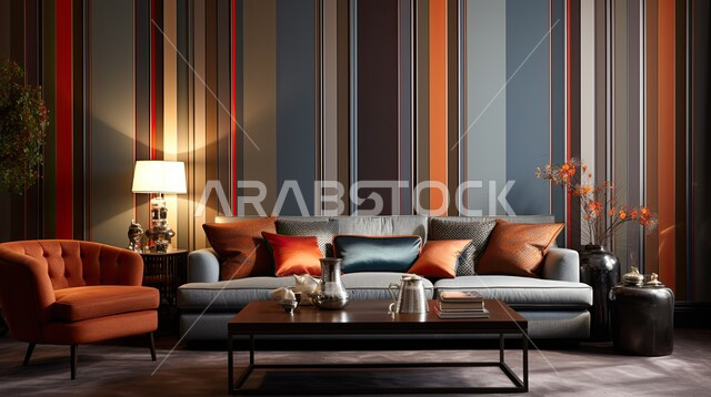 الديكورات الداخلية الراقية للفلل والشقق السكنية في المملكة العربية السعودية، التصاميم الداخلية لغرف الجلوس على الطراز الحديث، اكسسوارات وتحف عصرية، غرفة معيشة بألوان خريفية مع أثاث منزلي فاخر