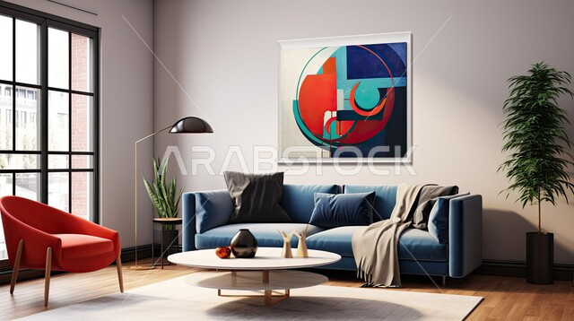 الاهتمام بنباتات الزينة المنزلية، التصاميم الداخلية لغرف الجلوس على الطراز الحديث، غرفة معيشة مع أثاث منزلي مريح، الديكورات الداخلية الراقية للفلل والشقق السكنية في المملكة العربية السعودية، اكسسوارات وتحف عصرية، لوحات فنية معلقة