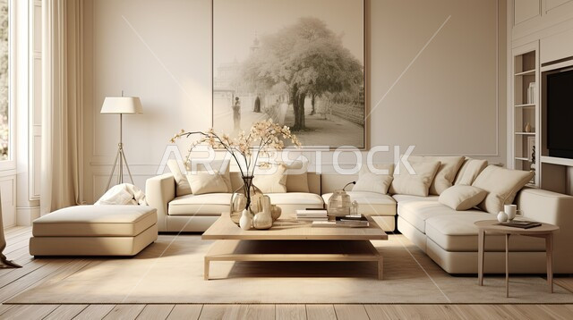 اكسسوارات وتحف عصرية، التصاميم الداخلية لغرف الجلوس المريحة على الطراز الحديث، غرفة معيشة مع أثاث منزلي فاخر باللون البيج، الديكورات الداخلية الراقية للفلل والشقق السكنية في المملكة العربية السعودية، لوحات فنية معلقة