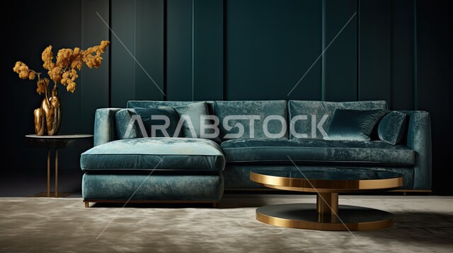 الديكورات الداخلية الراقية للفلل والشقق السكنية في المملكة العربية السعودية، اكسسوارات وتحف عصرية، التصاميم الداخلية لغرف الجلوس المريحة على الطراز الحديث، غرفة معيشة بألوان داكنة مع أثاث منزلي فاخر