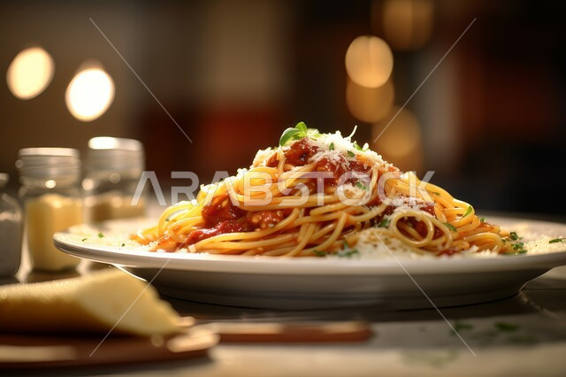 وجبة من الباستا الشهية، مطاعم المأكولات السريعة، طبق من معكرونة السباغيتي بصلصة الطماطم  المزين بالجبن والأعشاب الخضراء, أطباق ووجبات آسيوية شرقية، الأساليب الفنية في تقديم الطعام