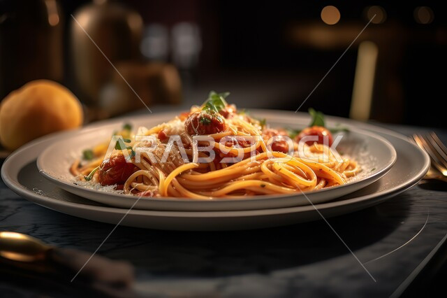 طبق من معكرونة السباغيتي بصلصة الطماطم  المزين بالجبن والخضراوات, وجبة من الباستا الشهية، مطاعم المأكولات السريعة، أطباق ووجبات آسيوية شرقية، الأساليب الفنية في تقديم الطعام