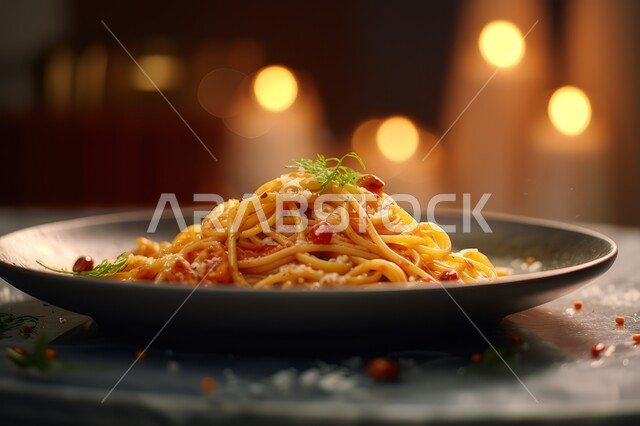 مطاعم المأكولات السريعة، وجبة من الباستا الشهية، طبق من معكرونة السباغيتي بصلصة الطماطم  المزين بالجبن والأعشاب الخضراء, أطباق ووجبات آسيوية شرقية، الأساليب الفنية في تقديم الطعام