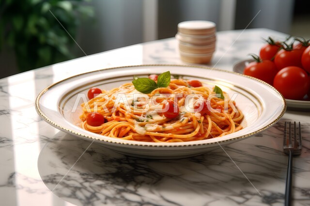 طبق من معكرونة السباغيتي بصلصة الطماطم  المزين بالجبن والخضراوات, وجبة من الباستا الشهية، مطاعم المأكولات السريعة، أطباق ووجبات آسيوية شرقية، الأساليب الفنية في تقديم الطعام