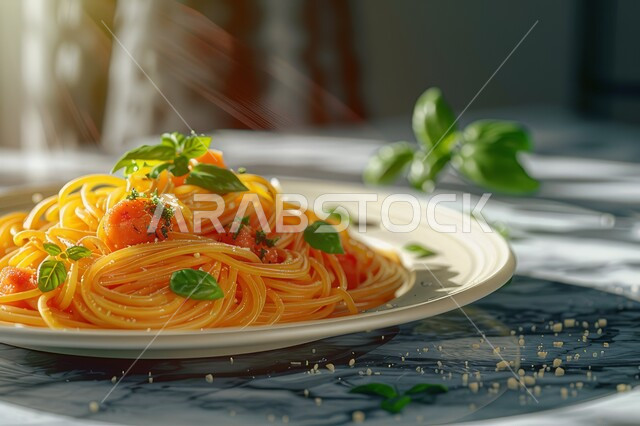 وجبة من الباستا الشهية، مطاعم المأكولات السريعة، طبق من معكرونة السباغيتي بصلصة الطماطم  المزين بالجبن والأعشاب الخضراء, أطباق ووجبات آسيوية شرقية، الأساليب الفنية في تقديم الطعام