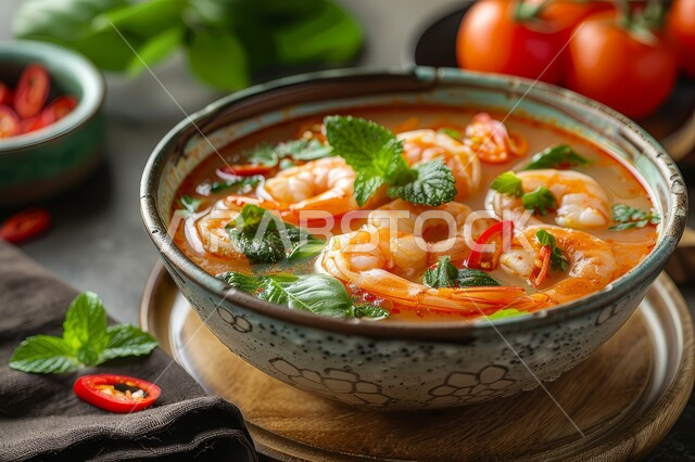 وعاء من الحساء مع الروبيان المزين بالأعشاب الخضراء، طبق من المقبلات الشهية، الأساليب الفنية في تقديم الطعام، أطعمة من المطبخ السعودي الاسيوي، المأكولات البحرية الشهية، طبق من شوربة الجمبري