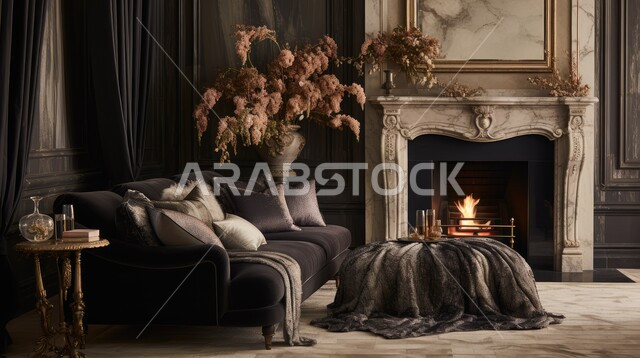 اكسسوارات وتحف عصرية، التصاميم الداخلية لغرف الجلوس المريحة على الطراز الحديث، غرفة معيشة بألوان داكنة مع أثاث منزلي فاخر، الديكورات الداخلية الراقية للفلل والشقق السكنية في المملكة العربية السعودية