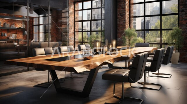 Spacious meeting room with table surrounded by chairs, windows and glass facades, office rooms with luxurious interior designs and decorations, modern contemporary design for offices in Saudi companies