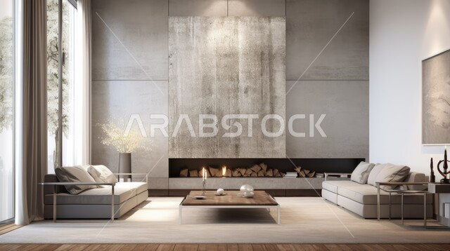 التصاميم الداخلية لغرف الجلوس المريحة على الطراز الحديث، غرفة معيشة مع أثاث منزلي فاخر باللون الأبيض، الديكورات الداخلية الراقية للفلل والشقق السكنية في المملكة العربية السعودية، لوحات فنية معلقة، اكسسوارات وتحف عصرية