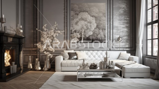 التصاميم الداخلية لغرف الجلوس المريحة على الطراز الحديث، غرفة معيشة مع أثاث منزلي فاخر باللون الأبيض، الديكورات الداخلية الراقية للفلل والشقق السكنية في المملكة العربية السعودية، لوحات فنية معلقة، اكسسوارات وتحف عصرية