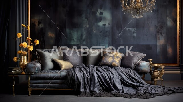  التصاميم الداخلية لغرف الجلوس المريحة على الطراز الحديث، غرفة معيشة بألوان داكنة مع أثاث منزلي فاخر، الديكورات الداخلية الراقية للفلل والشقق السكنية في المملكة العربية السعودية، اكسسوارات وتحف عصرية