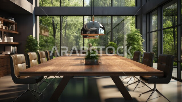 النوافذ والواجهات الزجاجية المطلة على الاشجار والنباتات الخضراء، غرف مكتبية بتصاميم وديكورات داخلية فخمة، التصميم العصري الحديث للمكاتب في الشركات السعودية، غرفة اجتماعات واسعة مع طاولة محاطة بكراسي