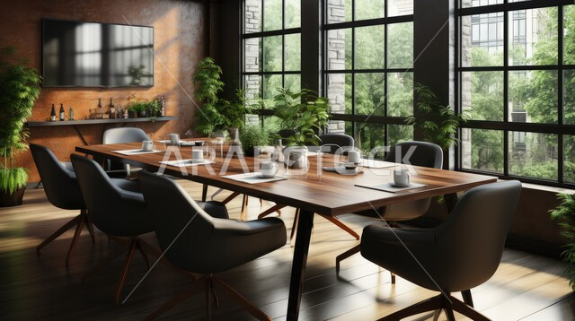 النوافذ والواجهات الزجاجية المطلة على الاشجار والنباتات الخضراء، غرف مكتبية بتصاميم وديكورات داخلية فخمة، التصميم العصري الحديث للمكاتب في الشركات السعودية، غرفة اجتماعات واسعة مع طاولة محاطة بكراسي