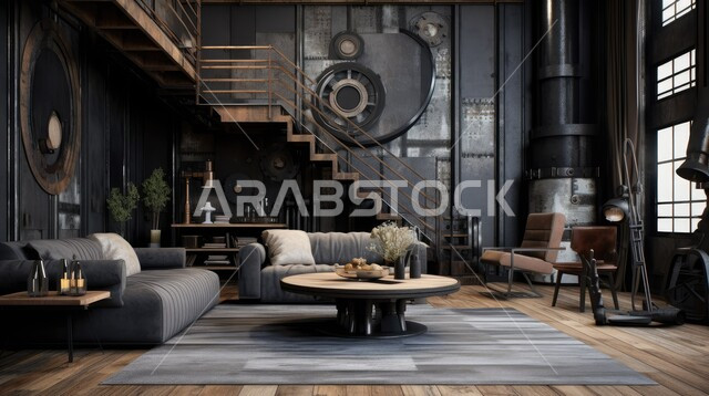  التصاميم الداخلية لغرف الجلوس المريحة على الطراز الحديث، غرفة معيشة بألوان داكنة مع أثاث منزلي فاخر، الديكورات الداخلية الراقية للفلل والشقق السكنية في المملكة العربية السعودية، اكسسوارات وتحف عصرية