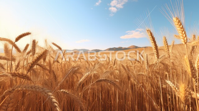 محاصيل وطنية محلية، السنابل الذهبية اللامعة، صورة مقربة لمجموعة من الأعشاب البرية تتمايل مع الرياح، المناظر الطبيعية في المملكة العربية السعودية، حقول ومزارع القمح