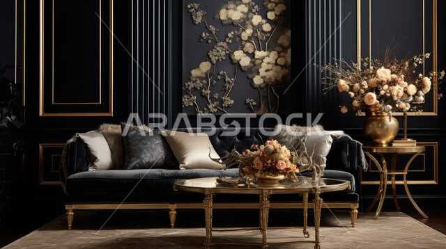 Modern style comfortable living room interior designs, dark colored living room with luxury home furniture, high-end interiors for villas and apartments in Saudi Arabia, modern accessories and antiques