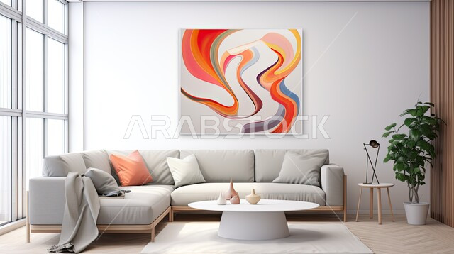 لوحات فنية معلقة، اكسسوارات وتحف عصرية، التصاميم الداخلية لغرف الجلوس المريحة على الطراز الحديث، غرفة معيشة مع أثاث منزلي فاخر باللون الأبيض، الديكورات الداخلية الراقية للفلل والشقق السكنية في المملكة العربية السعودية