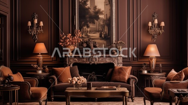 الطراز الكلاسيكي في التصاميم الداخلية لغرف الجلوس، اكسسوارات وتحف عصرية، غرفة معيشة مع أثاث منزلي فاخر بالألوان الداكنة، الديكورات الداخلية الراقية للفلل والشقق السكنية في المملكة العربية السعودية