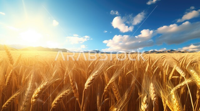 سطوع الشمس وسط السماء المليئة بالغيوم البيضاء القطنية، محاصيل وطنية محلية، السنابل الذهبية اللامعة، صورة مقربة لمجموعة من الأعشاب البرية تتمايل مع الرياح، المناظر الطبيعية في المملكة العربية السعودية، حقول ومزارع القمح