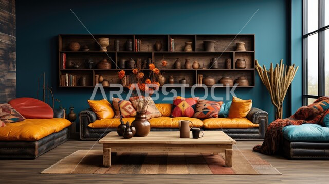 الديكورات الداخلية الراقية للفلل والشقق السكنية في المملكة العربية السعودية، اكسسوارات وتحف عصرية، التصاميم الداخلية لغرف الجلوس المريحة على الطراز الحديث، غرفة معيشة مع أثاث ملون منزلي فاخر