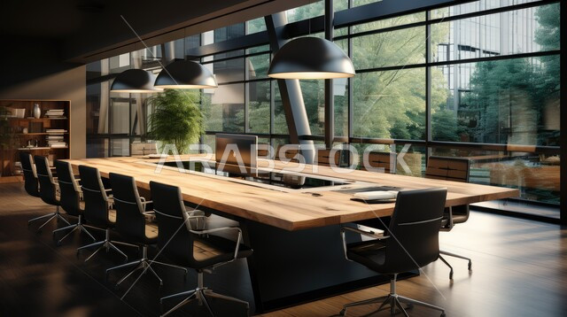 Modern contemporary design for offices in Saudi companies, a spacious meeting room with a table surrounded by chairs, windows and glass facades overlooking trees and green plants, office rooms with luxurious interior designs and decorations