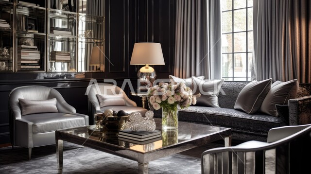 Modern accessories and antiques, comfortable living room interior designs in modern style, dark color living room with luxury home furniture, high-end interior decorations for villas and residential apartments in Saudi Arabia